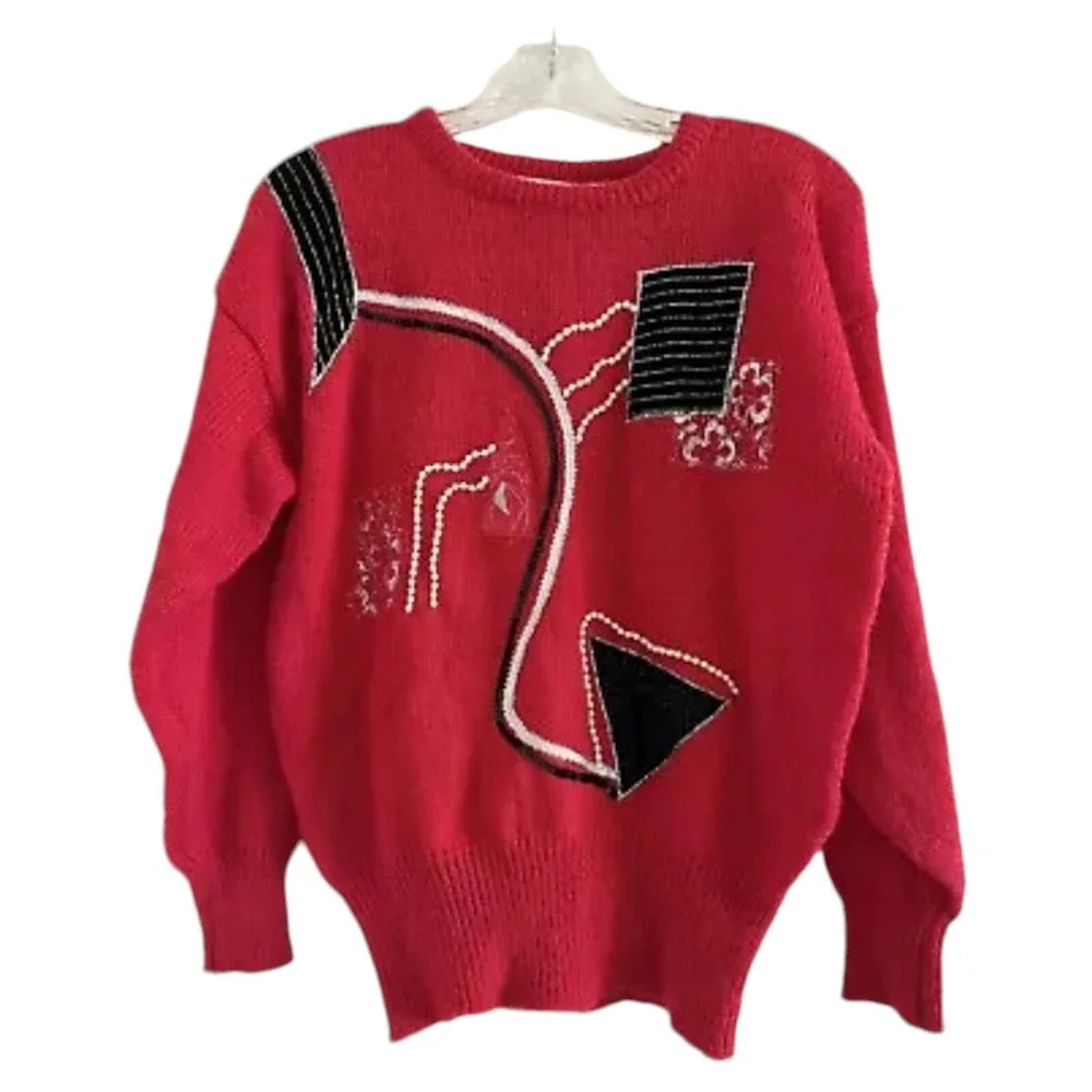 GLITZ by UNIT (Vtg)Red Knit Abstract Sequin 80s Geometric Beads Sweater-MEDIUM
